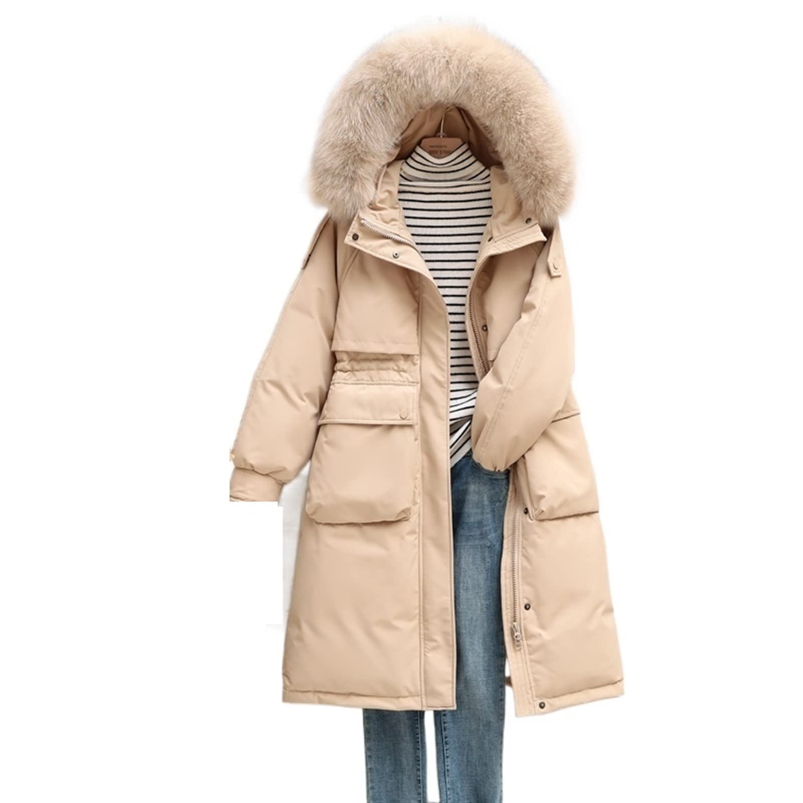 YBRAVOYBRAVO Puffer Jacket, Long Duck Down Jacket Women Oversized Natural Fur Collar Hooded White Duck Down Parkes Winter Thick Warm Snowwear (Color : White, Size : L)