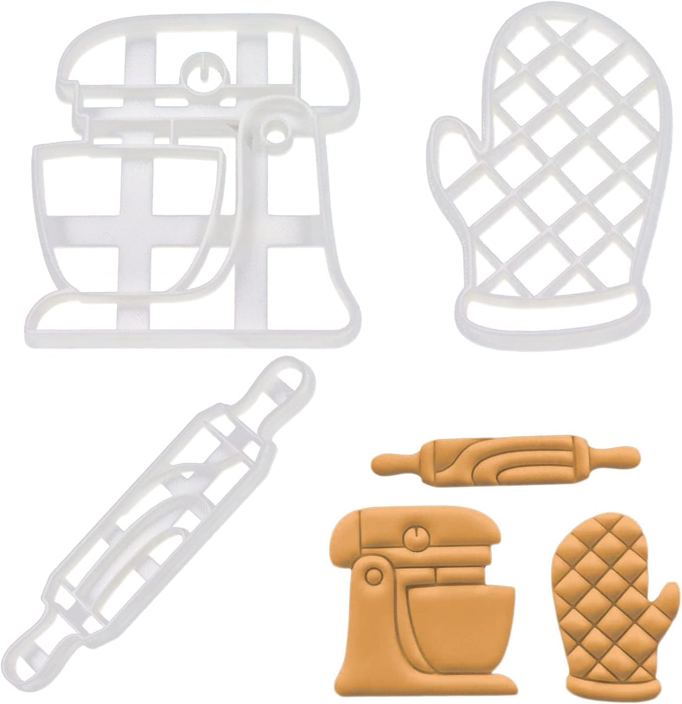 Set of 3 Baking themed cookie cutters (Designs: Stand Mixer Machine, Oven Glove, and Rolling Pin), 3 pieces - Bakerlogy
