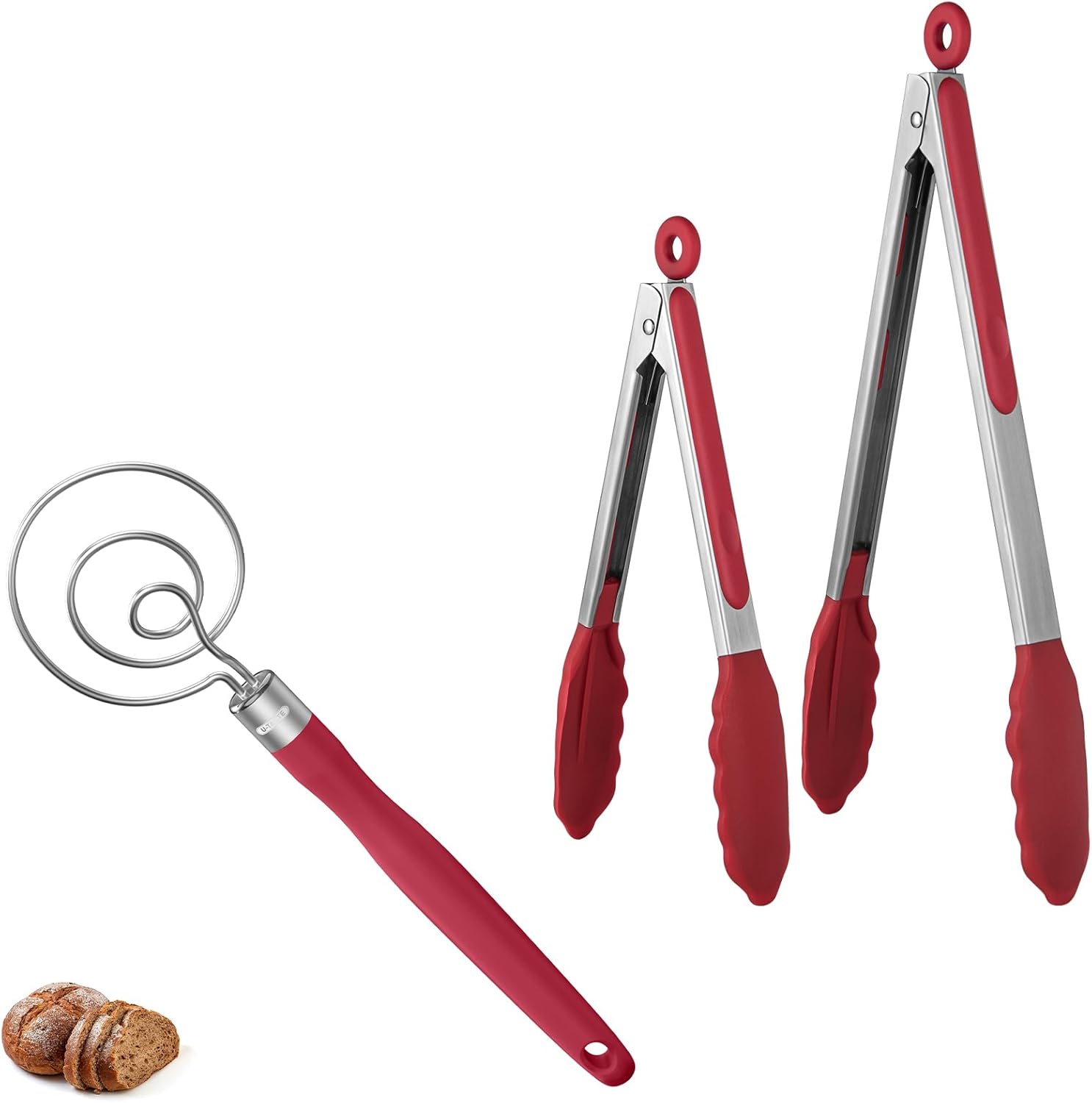 U-Taste 9+12 inch 600ºF Heat Resistant Silicone Kitchen Tong Set of 2 and 12.6in Stainless Steel Danish Dough Whisk (Red)