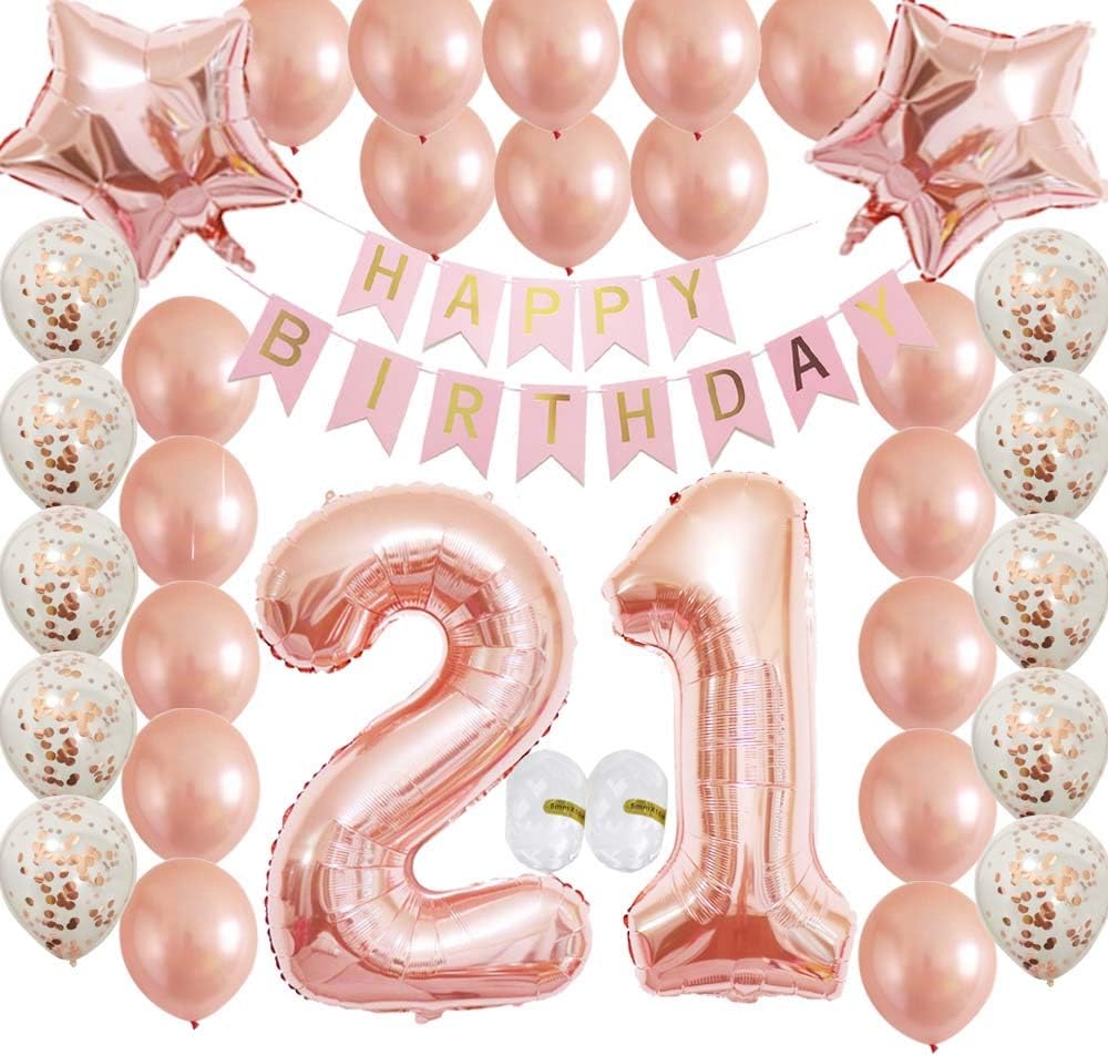 Girl Happy 21st Birthday Rose Gold Party Decorations Supplies Gifts Confetti Latex Balloon Favors for Women and Her as Wedding Anniversary Dropback