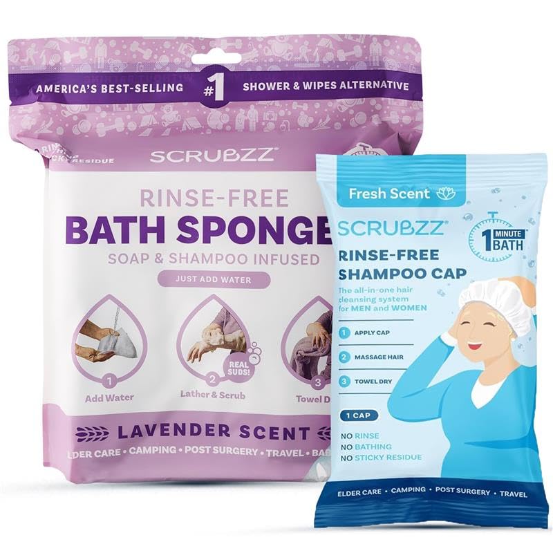 Scrubzz Lavender Scented Rinse Free Bathing Sponges and Shampoo Cap Bundle for Elderly Bedridden and Post Surgery Patients