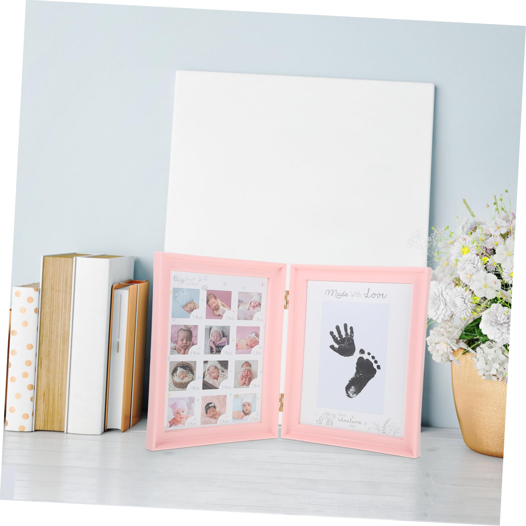 Cornice Ricordo Crescita Bebè Rosa, Doppia Apertura, Kit Impronte Mani e Piedi, in Plastica Pvc e Cartone, Regalo Nascita e Compleanno