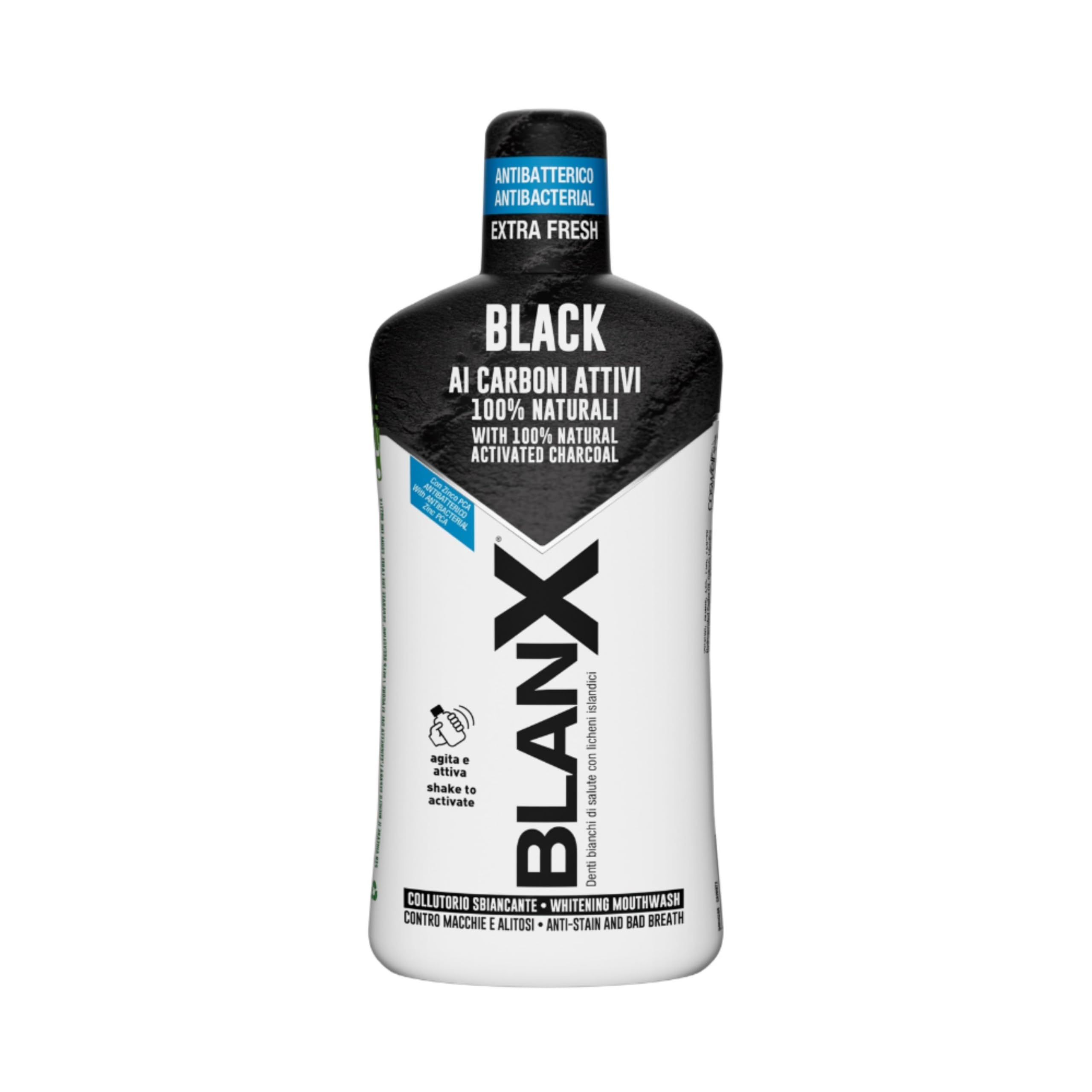 Blanx, Collutorio Sbiancante Black, per Igiene Orale, Colluttorio Antimacchia e Sbiancante, con Licheni Artici naturali, Zinco PCA e Carboni Attivi 100% Naturali, Ripara-Smalto, Formato 500 ml