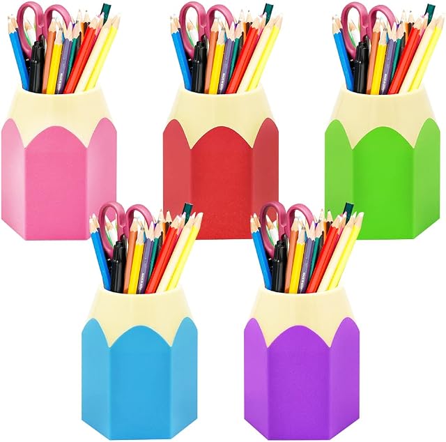 LKNBIF Plastic Pen Vase Pencil Pot 5 Pack Pencil Holder Pen Pot Cute Pencil Holder for Office Accessories Pen Holder Organizer Pen Mug (Red Green Blue Purple Pink)