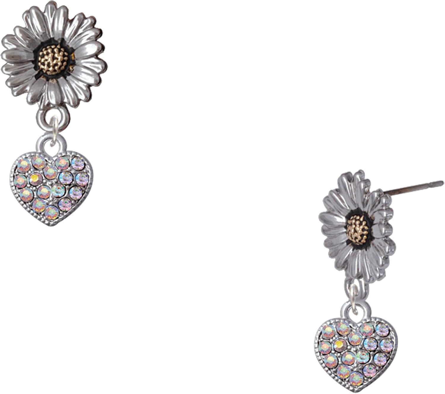 Delight Jewelry Plated Clear AB Crystal Heart Two-tone Daisy Flower Post Earrings