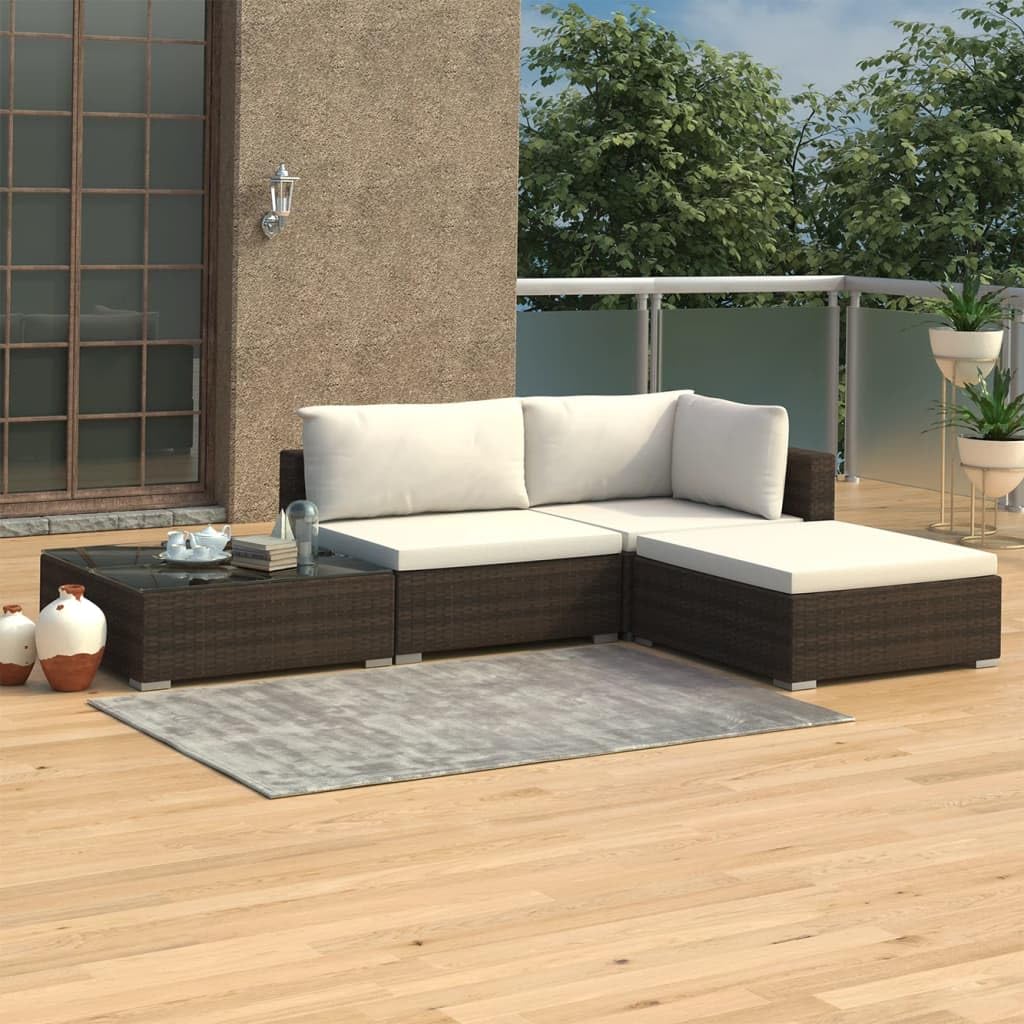 vidaXL Set Divani da Giardino 4 pz con Cuscini in Polyrattan Marrone