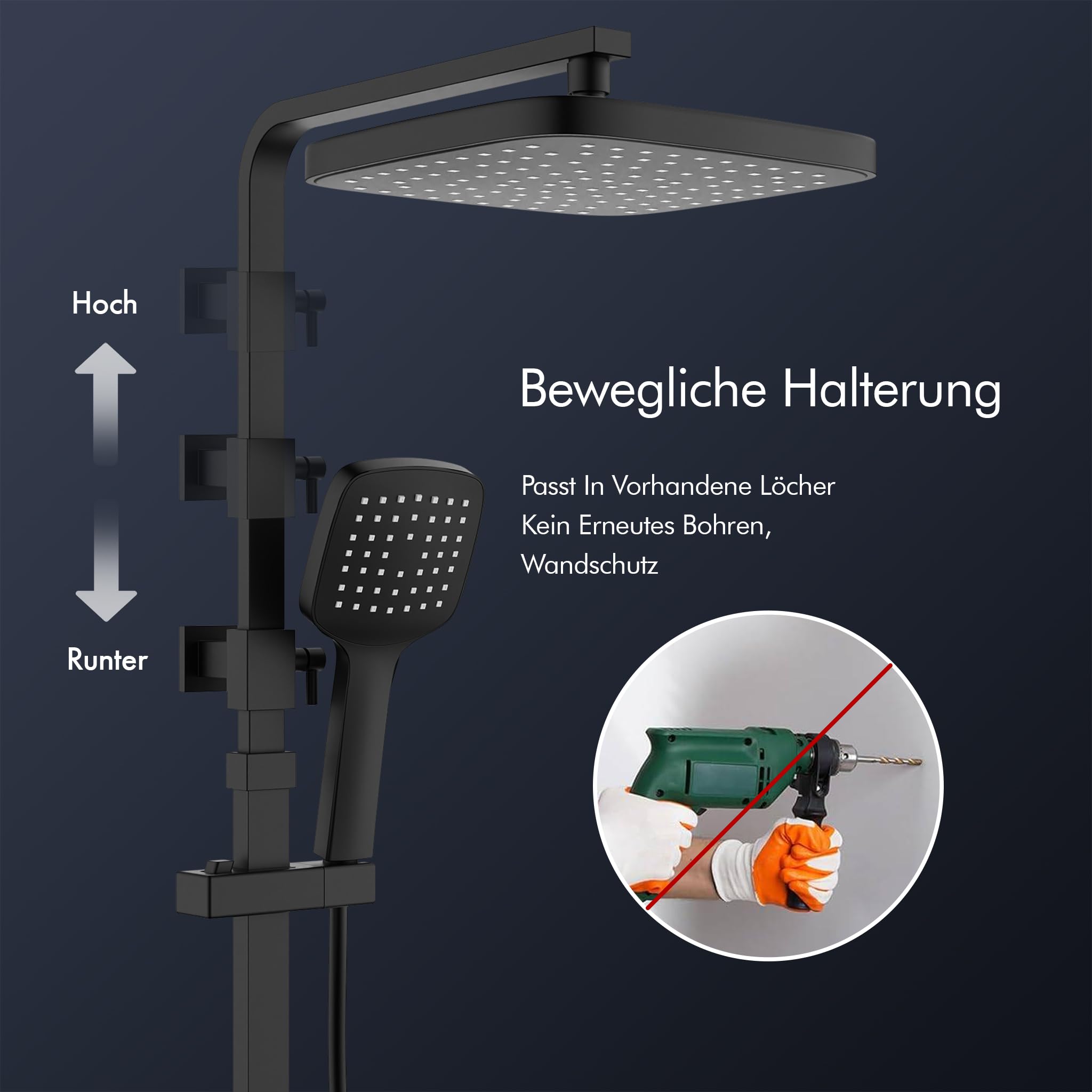 HOMELODY Duschsystem mit Thermostat & Duschablage Schwarz - Duscharmatur Komplettset mit Handbrause & Kopfbrause - Höhenverstellbar, 38 °C Sicherheitssperre, Wandmontage für modernes Badezimmer