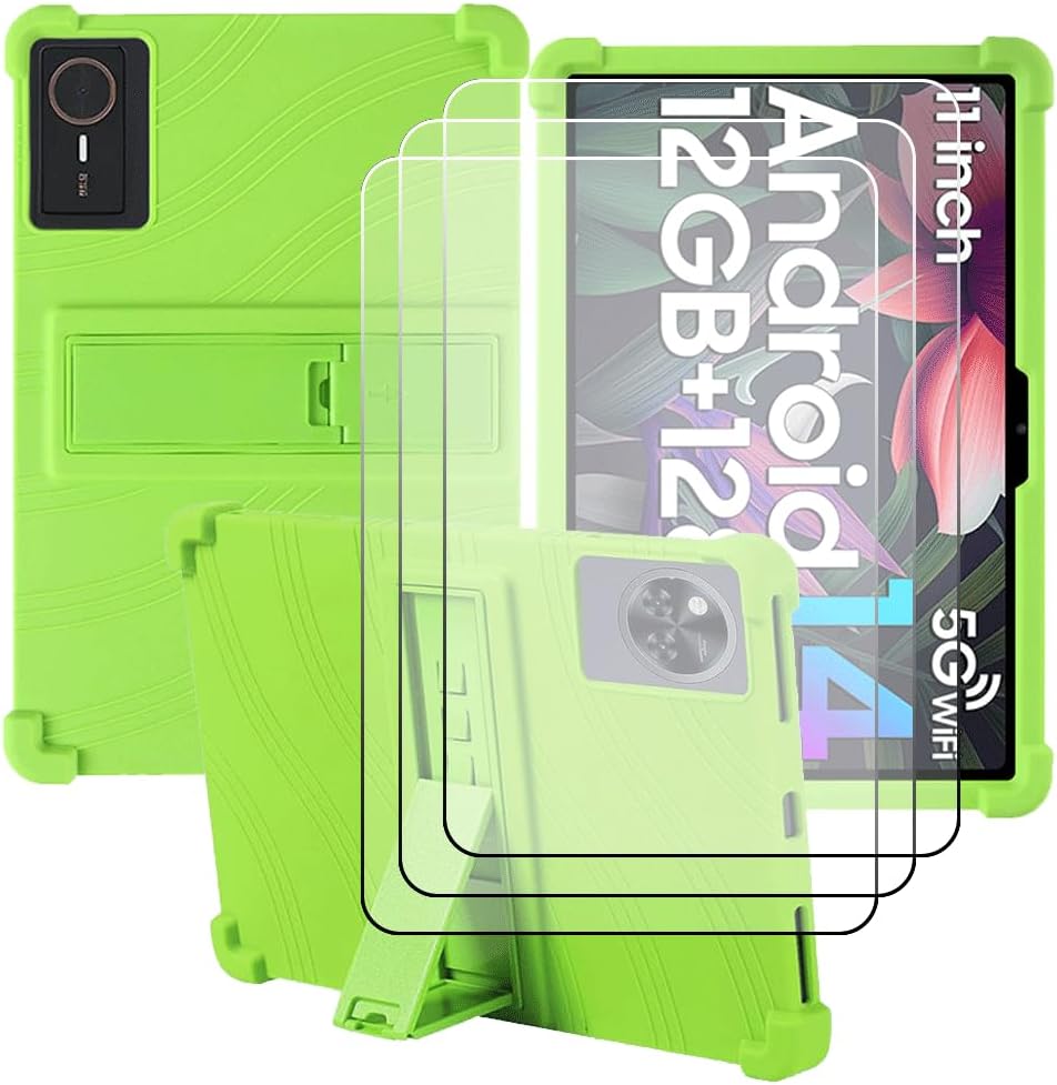Compatible for ECOPAD K12 10.1 Inch Tablet Case + 3 Pcs Screen Protector Tempered Glass Film, Soft Silicone Full Coverage Adjustable Stand Tablet Cover, Green