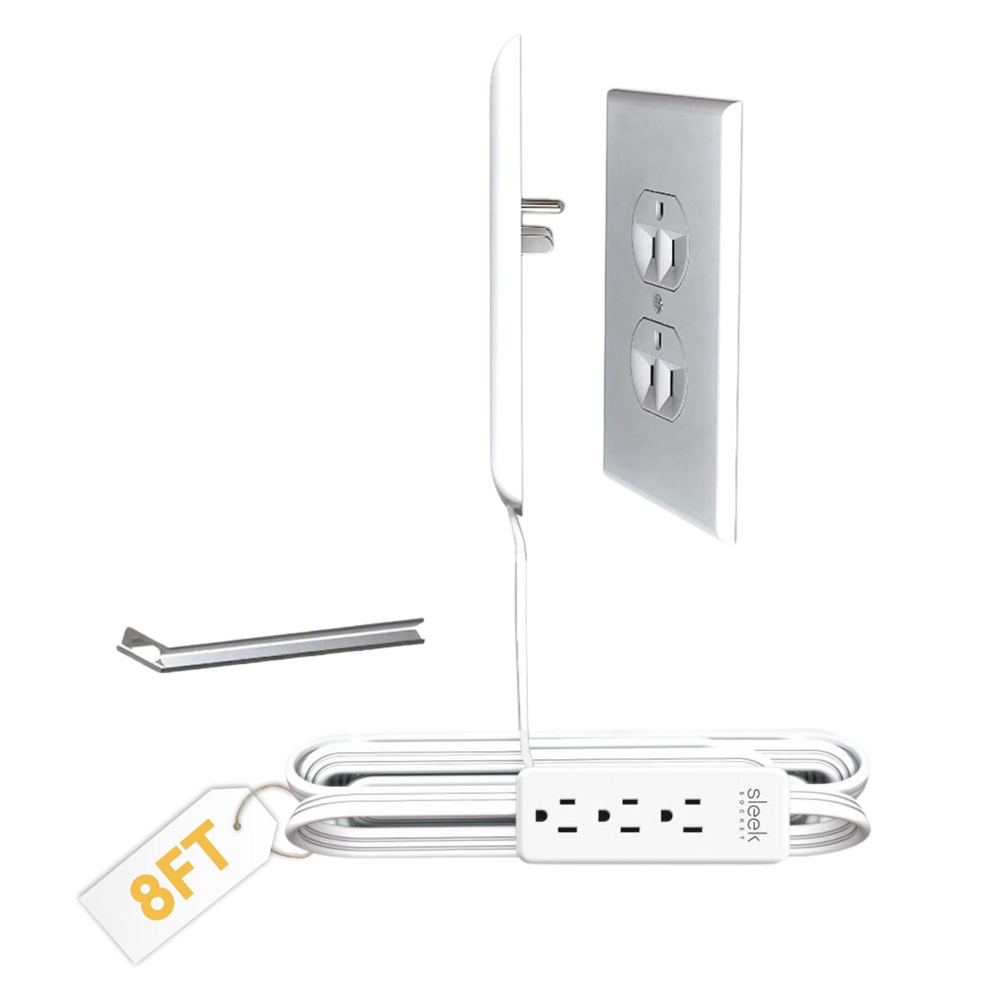 Sleek Socket Original & Patented Pet Proofing Outlet Concealer for Inverted Outlets with Protective Cord Clips, 8-Foot Flat Extension Cord with Multiple Outlets, Safeguard from Chewing Dangerous Cords