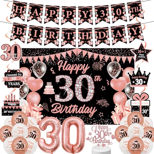 30th Birthday Decorations Women Set - 34 Pcs Black Rose Gold Banner Latex Foil Balloons Backdrop Swirls Cake Toppers Table Decor Supplies For Her 30 Years Old Party Kit