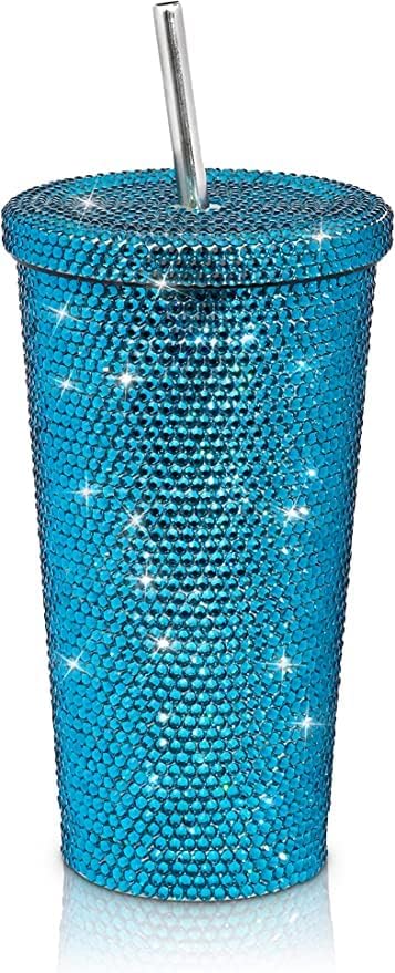 Miniatura 2 de Vaso de acero inoxidable con purpurina y tapa con diamantes de imitación, vaso térmico al vacío con 1 pajilla, 2 cepillos para niñas y mujeres