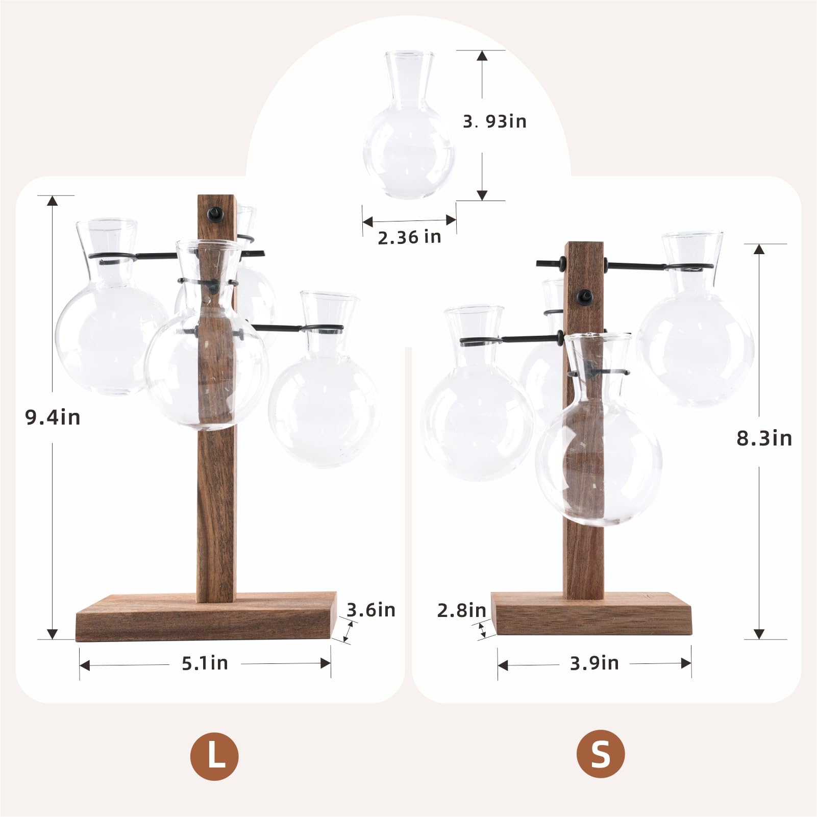 Station de propagation de plantes avec support en bois d'acacia et 4 vases en verre, vases de propagation élégants pour plantes, décoration de maison et de jardin – Cadeau idéal pour les amateurs de