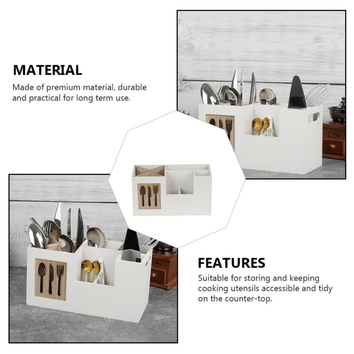Zerodeko Porte-ustensiles Organisateur Multi-compartiments sans Couvercle Cuisine en Bois Naturel 28x12x15 Cm Accessoire Rangement Pratique pour Cuillères, Fourchettes et Couteaux