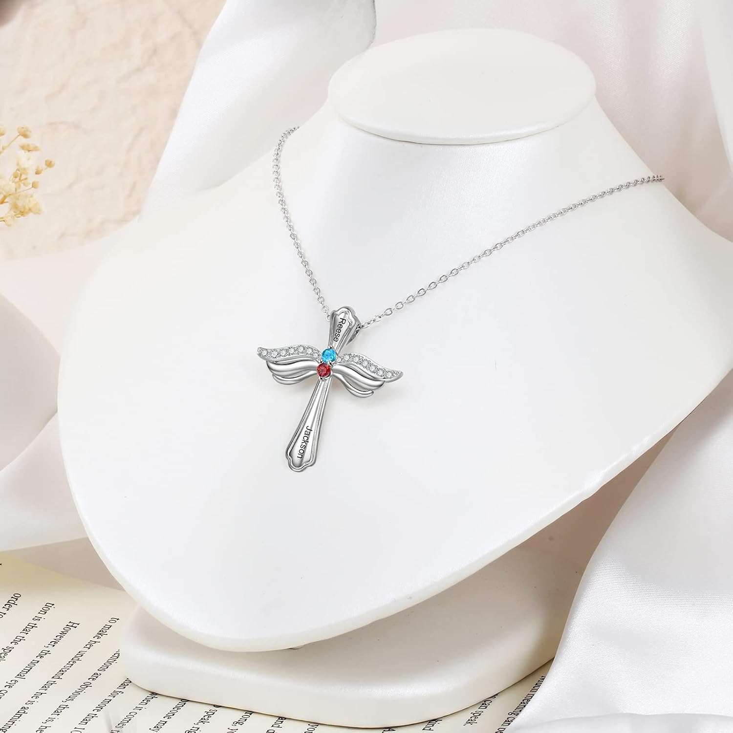 Cross Necklaces for Women Personalize Name Dainty Cross Necklaces with Angel wings Engravable Necklace 1-6 Birthstones Faith Necklace