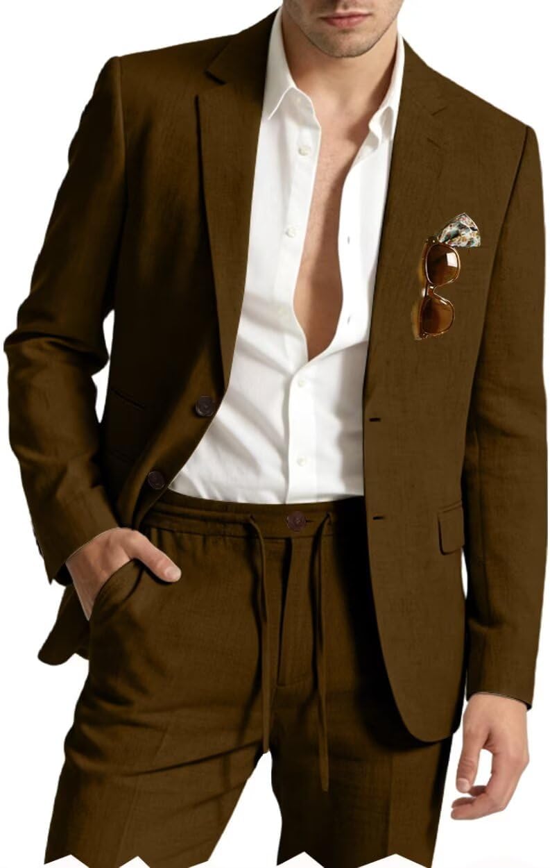 Retro Linen Mens Suit 2 Piece Slim Fit Sets Tuxedo Linen Jacket Drawstring Pant Vintage Blazer Set Prom Wedding Suits for Men