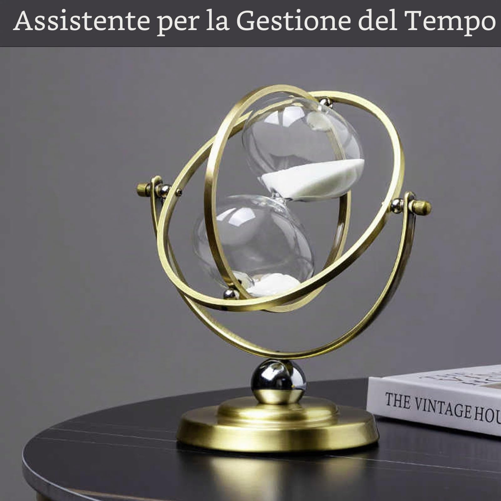 Clessidra 60 Minuti in Metallo e Vetro, Timer di Sabbia Girevole Bianco | In Vetro Borosilicato di Alta Qualità con Buona Trasparenza, Clip Artistica in Rame e Base, per Casa Ufficio e Aula