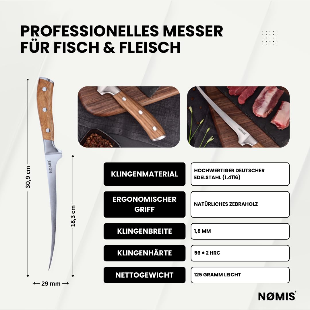 NØMIS Premium Filetiermesser Fisch | Filitiermesser scharf Fisch | Fischmesser | 18,5 cm Klinge aus Deutschem Edelstahl | Ausbeinmesser Profi für Fisch und Fleisch | Griff aus Zebraholz