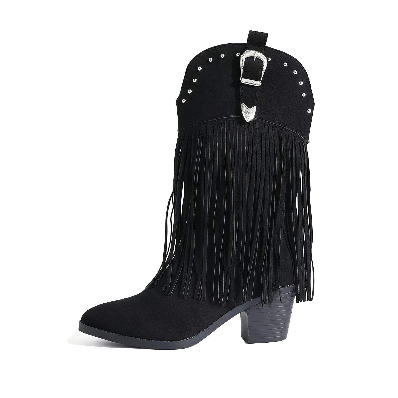 Womens Suede Stacked Chunky Heel Fringe Western Cowboy Boots with Side Zipper Fashion Pointed Toe Block Heel V-cutout