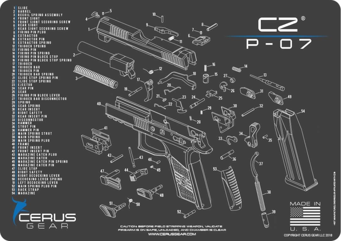 CZ P-07 5 PC EDOG Cerus Gear Schematic (Exploded View) Heavy Duty Pistol Cleaning 12x17 Padded Gun-Work Surface Protector Mat Solvent & Oil Resistant & 3 PC Cleaning Essentials & Clenzoil