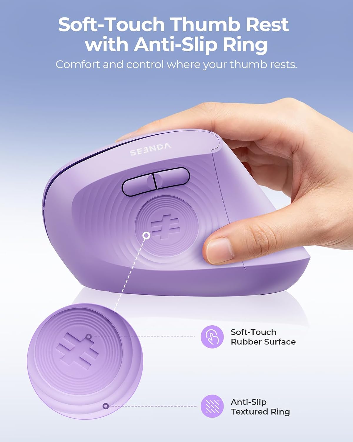 seenda Ergonomic Wireless Mouse, MOU200 Vertical Bluetooth Mouse with 2.4G USB Receiver, Dual Bluetooth, Quiet Clicks, 52° Grip, 3-Level DPI, 83g Right Hand Mouse for Laptop PC Mac Android, Purple