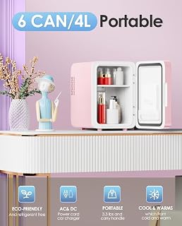 CUTIEWORLD 4L Skincare Fridge with Dimmable LED Mirror - Pink Mini Cooler & Warmer for Makeup, Bedroom, Car, Office, Dorm