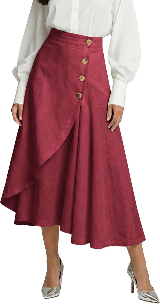 Linen Skirts for Women Summer Casual Cotton A Line Elastic High Waisted Midi Skirts with Pockets Button Up Flowy Long Skirt