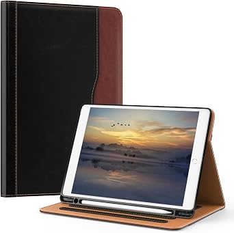 OKP Leather Case for iPad 10.2 Inch 9th/8th/7th Generation 2021/2020/2019 | with Multi-Angle Viewing PU Leather Folio Stand Cover with Pencil Holder & Pocket, Auto Sleep/Wake, Black Brown