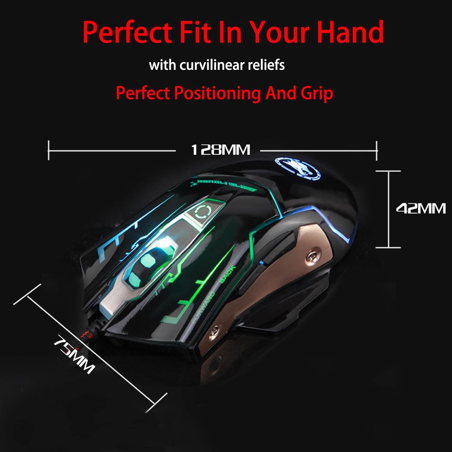 Wired Gaming Mouse for Laptop PC Computer, USB Gamer Ergonomic Mice with 7 LED Backlight, 4 Adjustable DPI Up to 3200, Big Hands Mouse with 6 Buttons for Windows Mac Game Work Office (Black)