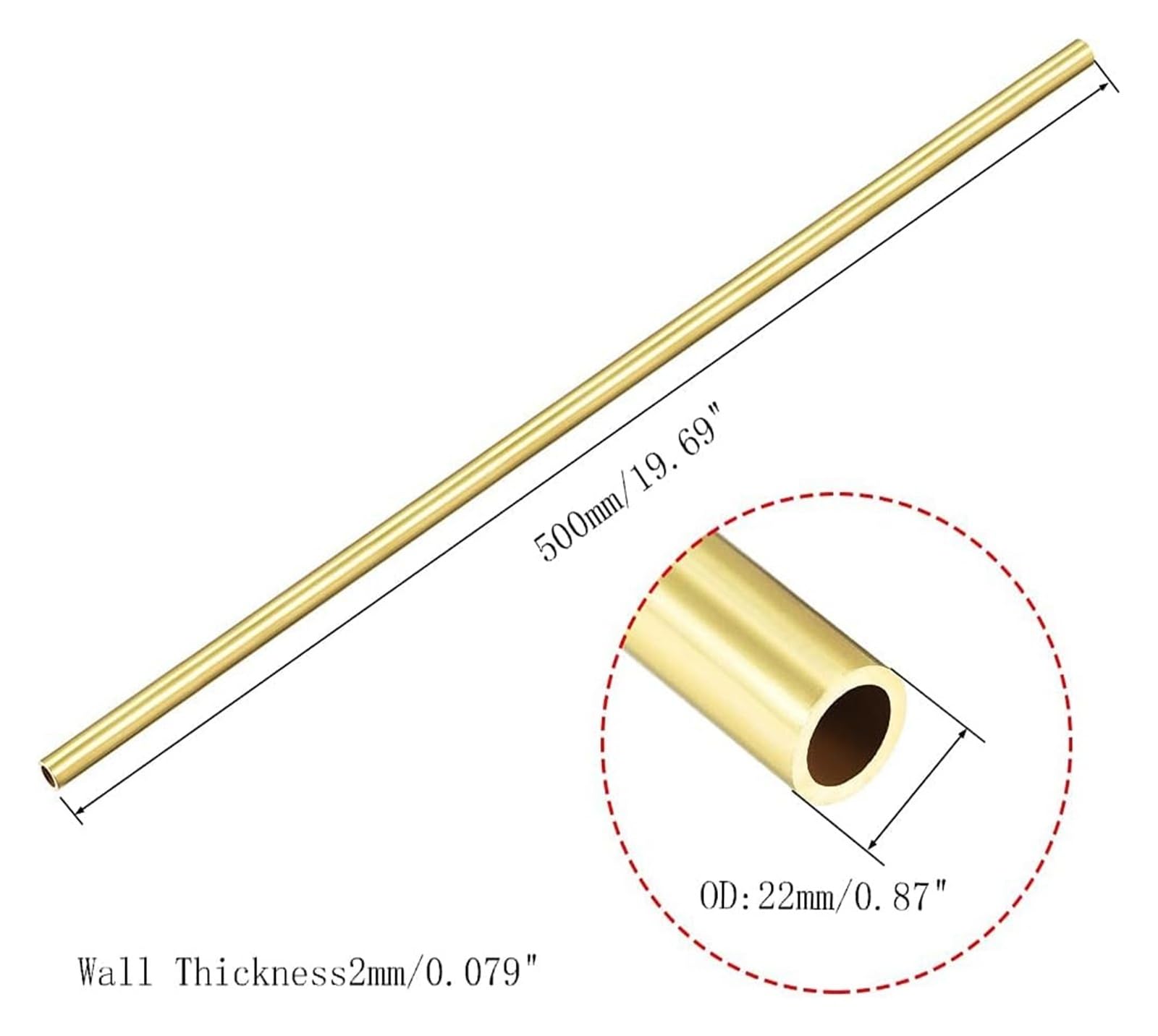 Tubo de latón, tubo hueco, recto, estado duro, 20 mm, 21 mm, 22 mm, diámetro exterior: 0,5 mm, 1 mm, 1,5 mm, 2 mm, 3 mm, espesor de pared: 500 mm, longitud: 1,5 mm.(22mm*2mm*500mm)