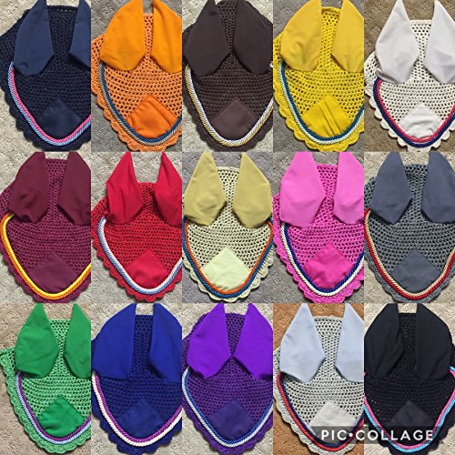 Horse Fly Bonnet 15 Colors Double Piping Ear Net Fly Veil Mask Hand Made Breathable Cotton Crochet Full Cob Pony Tack Equestrian Shows (Full, Orange)