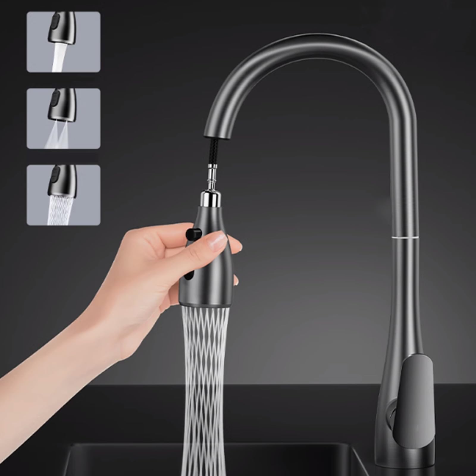 Grifo Cocina Extraible con 3 Modos, Todo Cobre, Agua Fría Y Caliente Giratorio A 360 Grados, Gris