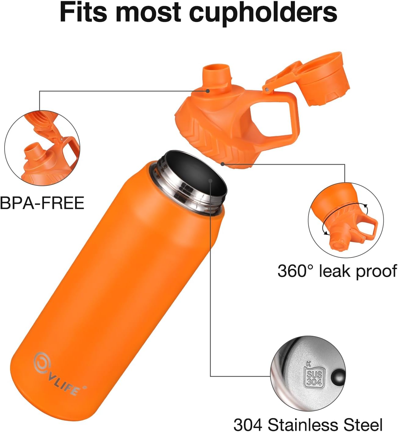 CVLIFE Fast Flow Water Bottle 32 oz Vacuum 24 Hour Cold / 12 Hour Hot Insulated Stainless Steel Slant Spout Cap, Lightweight and Leak Proof for Travel, Sports, Hiking (Orange) - Image 3