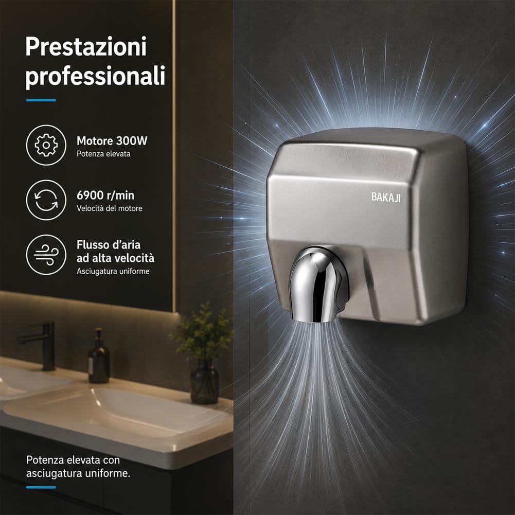 BAKAJI Secador de manos automático eléctrico de pared para hoteles, baños públicos, restaurantes, secador de manos de aire caliente de pared con sensor fotocélula, potencia 2300 W, secado a alta