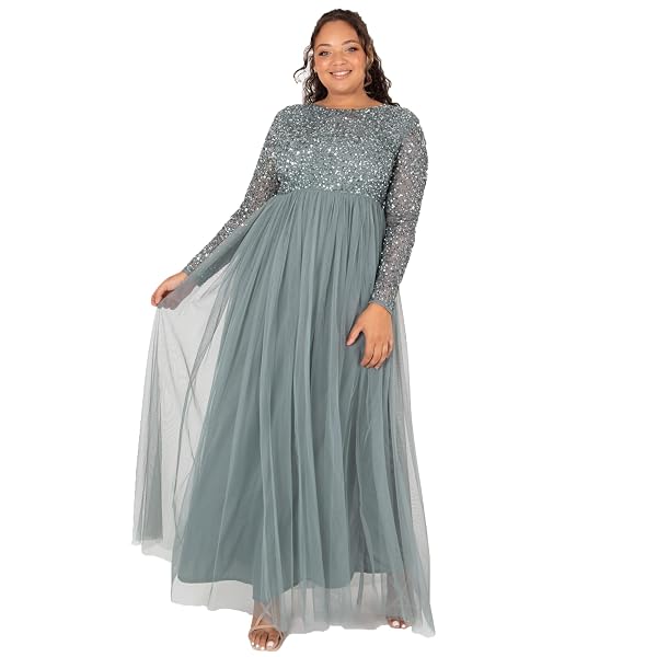 Maya Deluxe Abito Lungo da Damigella d'Onore a Righe a Maniche Corte Vestito Formale, Verde Nebbia, 46 Donna