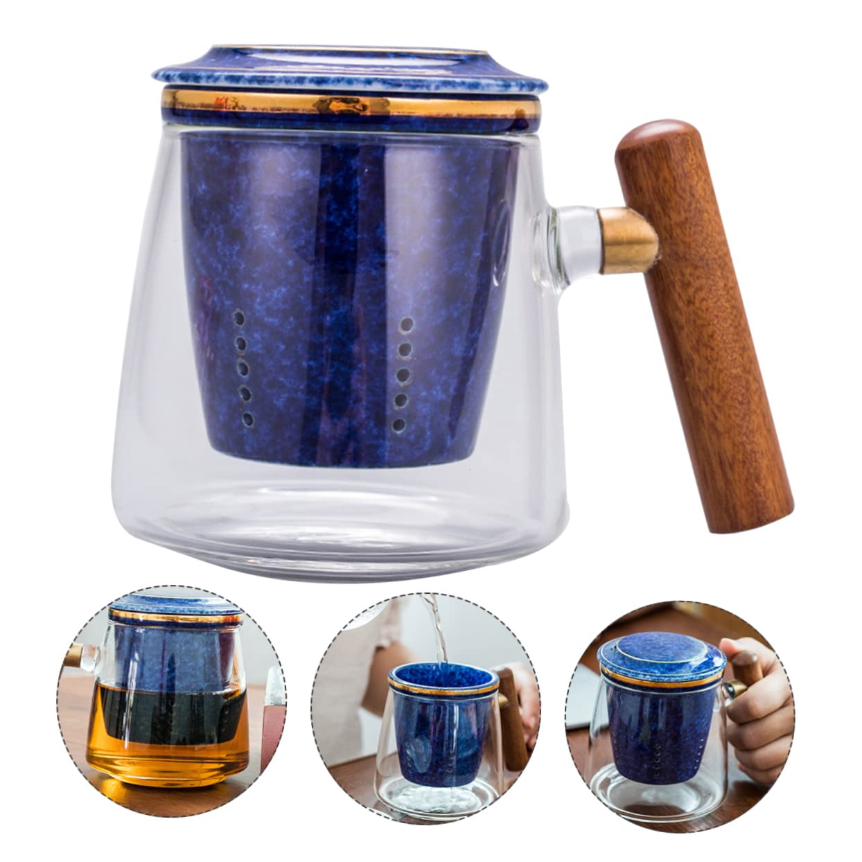 Retro Teetasse aus Glas und Keramik, 400ml, Blau, mit Deckel