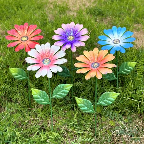 Image of 5Pack Metal Flowers for Outside，16.5 Inch Metal Flowers Decorative Garden Stakes for Spring Decor, Shaking Head Yard Art Garden Decorations for Outdoor Lawn Porch Pathway