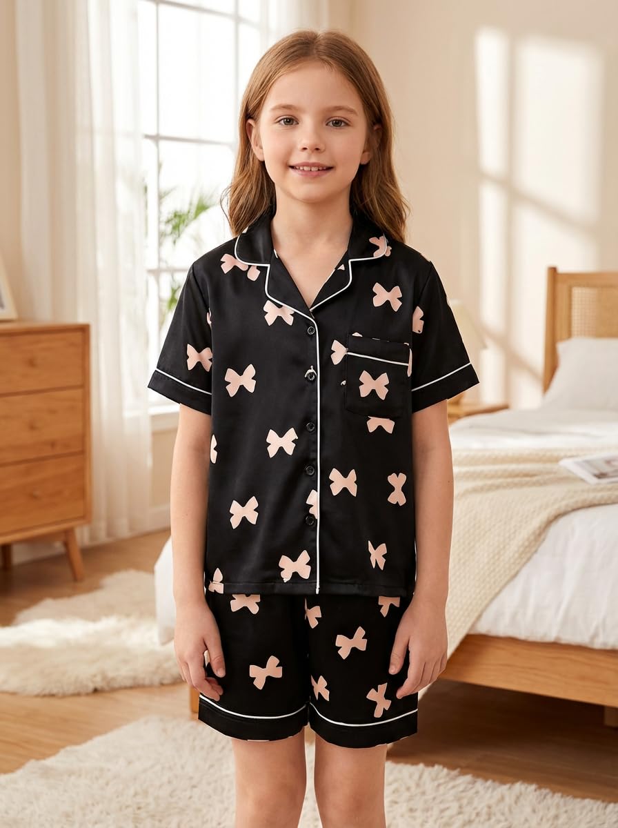 JiAmy - Pijama de manga corta para niñas, pijamas de verano de satén para niños, 2 piezas, ropa de dormir con botones, estampado de lazo de 8 a 12 años