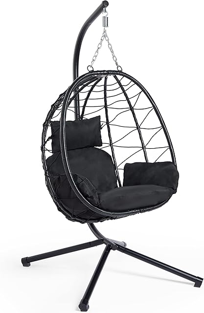 VonHaus Garden Egg Chair & Stand - Black Folding Swing Chair, Cocoon Hanging Chair - Rattan Effect 1 Seater Swing Seat & Comfortable Padded Cushion  Foldable Portable & Compact Outdoor Garden Chair