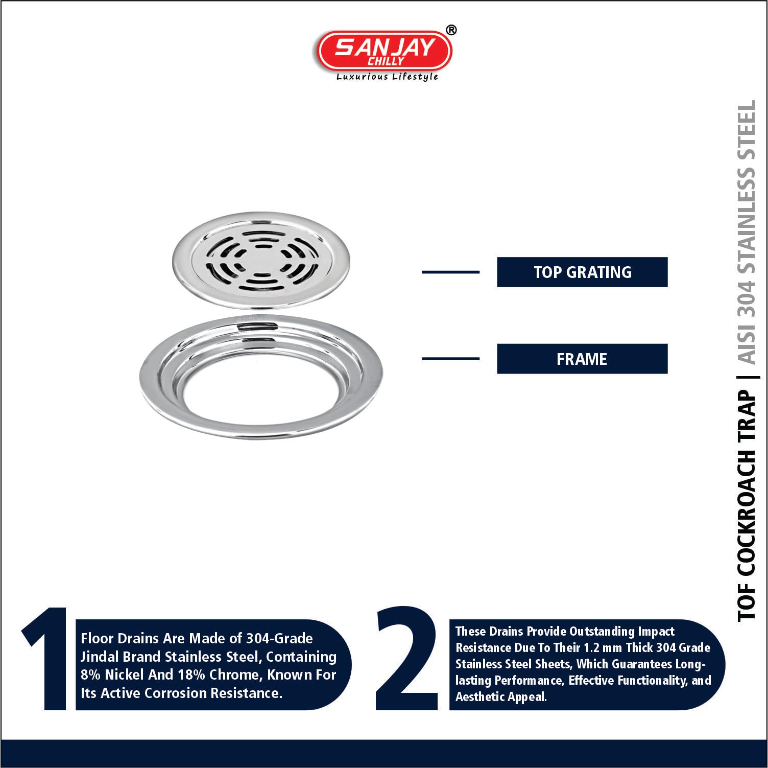 Sanjay Chilly Round Ringo Floor Drain Cover Jali 5 INCH for Bathroom 304 Grade Waste Water Drainer Washbasin Sink Bathtub Laundry Safety from Cockroach & Insects (Round Ringo Silver) 2