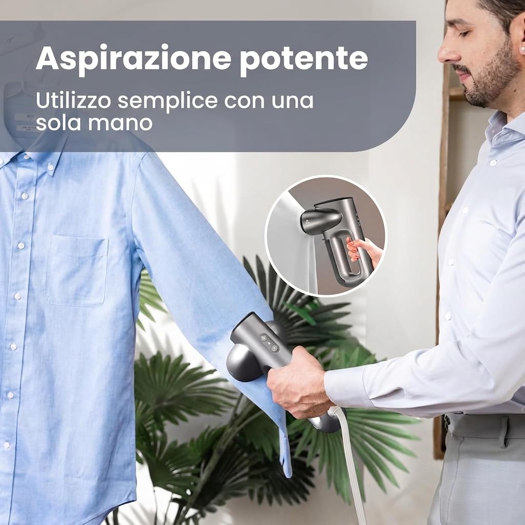 Neakasa Magic 1 Ferro da stiro a vapore sottovuoto, stiratore portatile da viaggio, tecnologia AirIron, aspirazione 2300Pa adesione tessuto, stiro a una mano, asciutto subito, 220-240V (Argento)