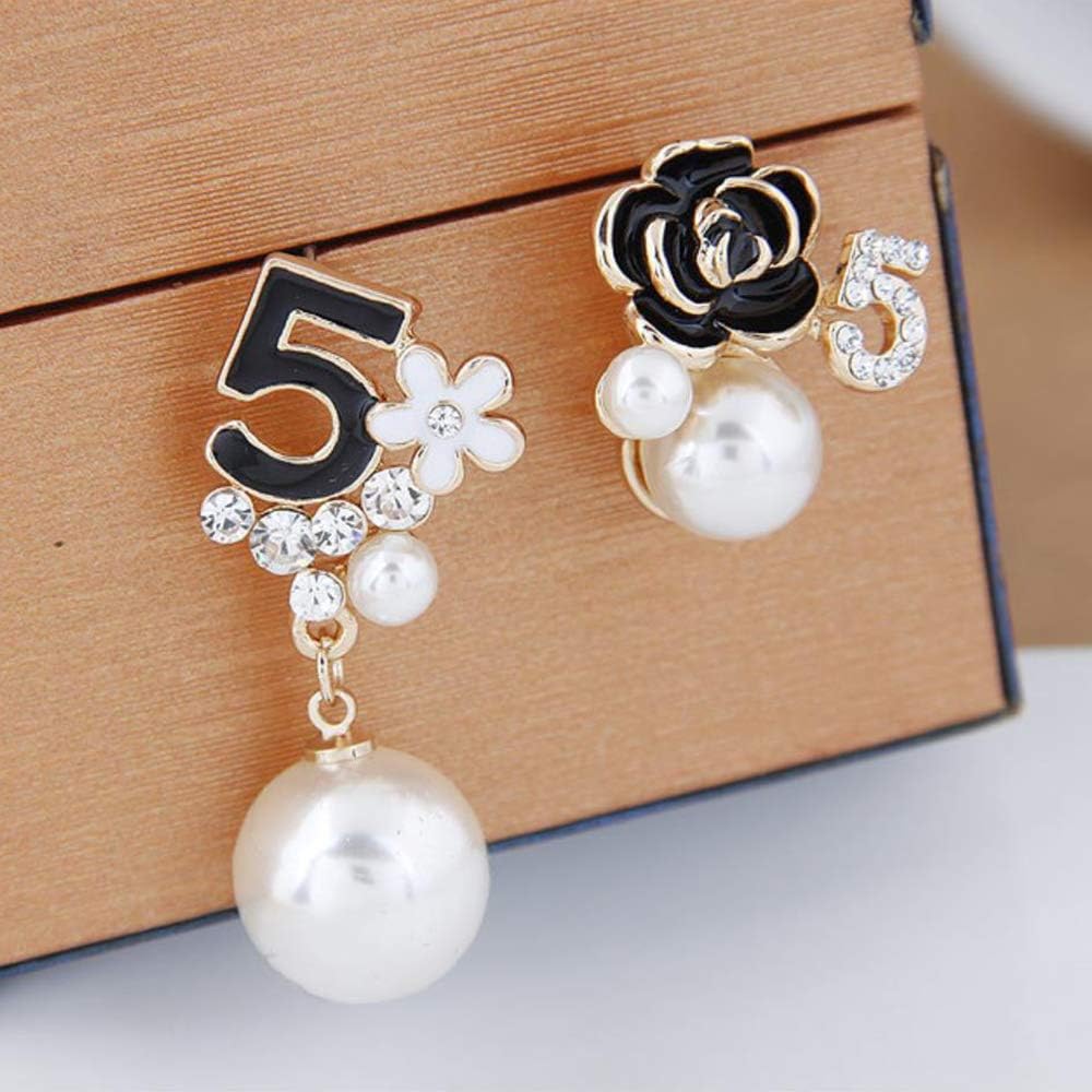 Faux Imitation Pearl Black Floral Dangle Drop Earrings Studs - Image 4