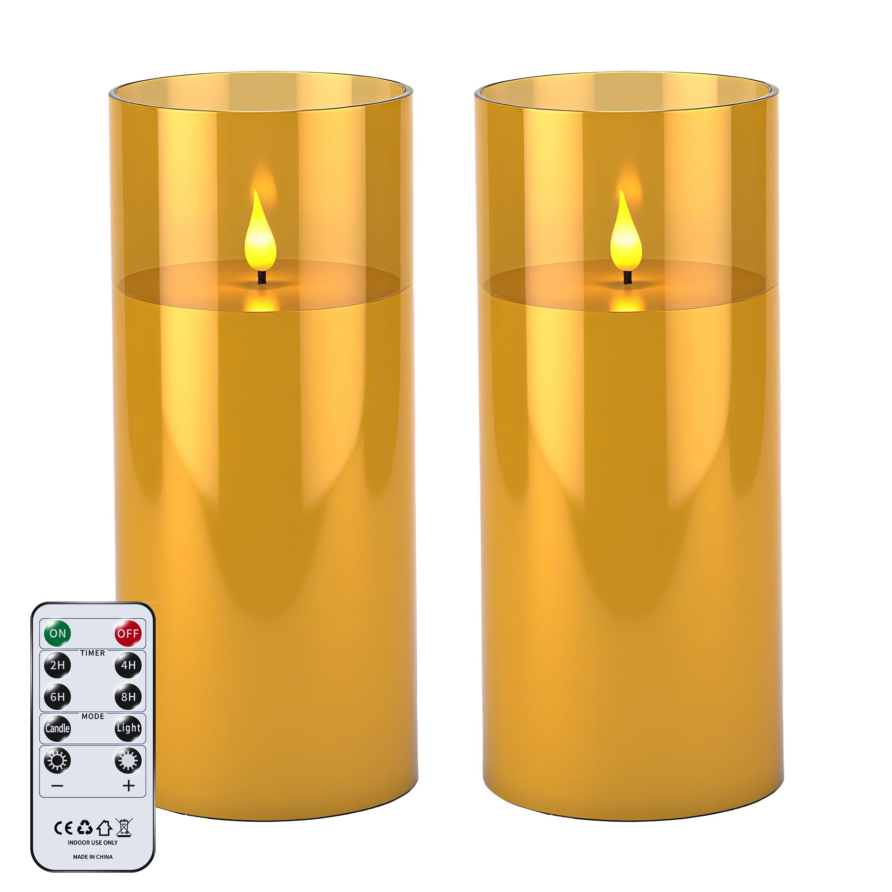 YAOBLUESEA 2 Pezzi Candele LED Senza Fiamma Impermeabili con Telecomando e Timer, Grandi Candele LED Tremolanti per Patio Giardino Esterno, φ10cm x 22,5cm, Oro