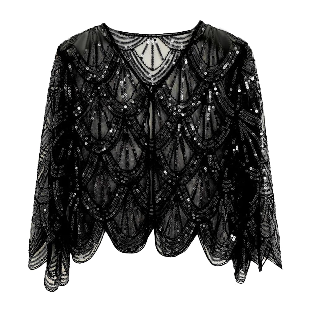 Bakermiche Women's Flapper Cape Long Sleeve Sequin Beaded Shawl Wraps 1920s Flapper Shawl Gatsby Party Cover Up
