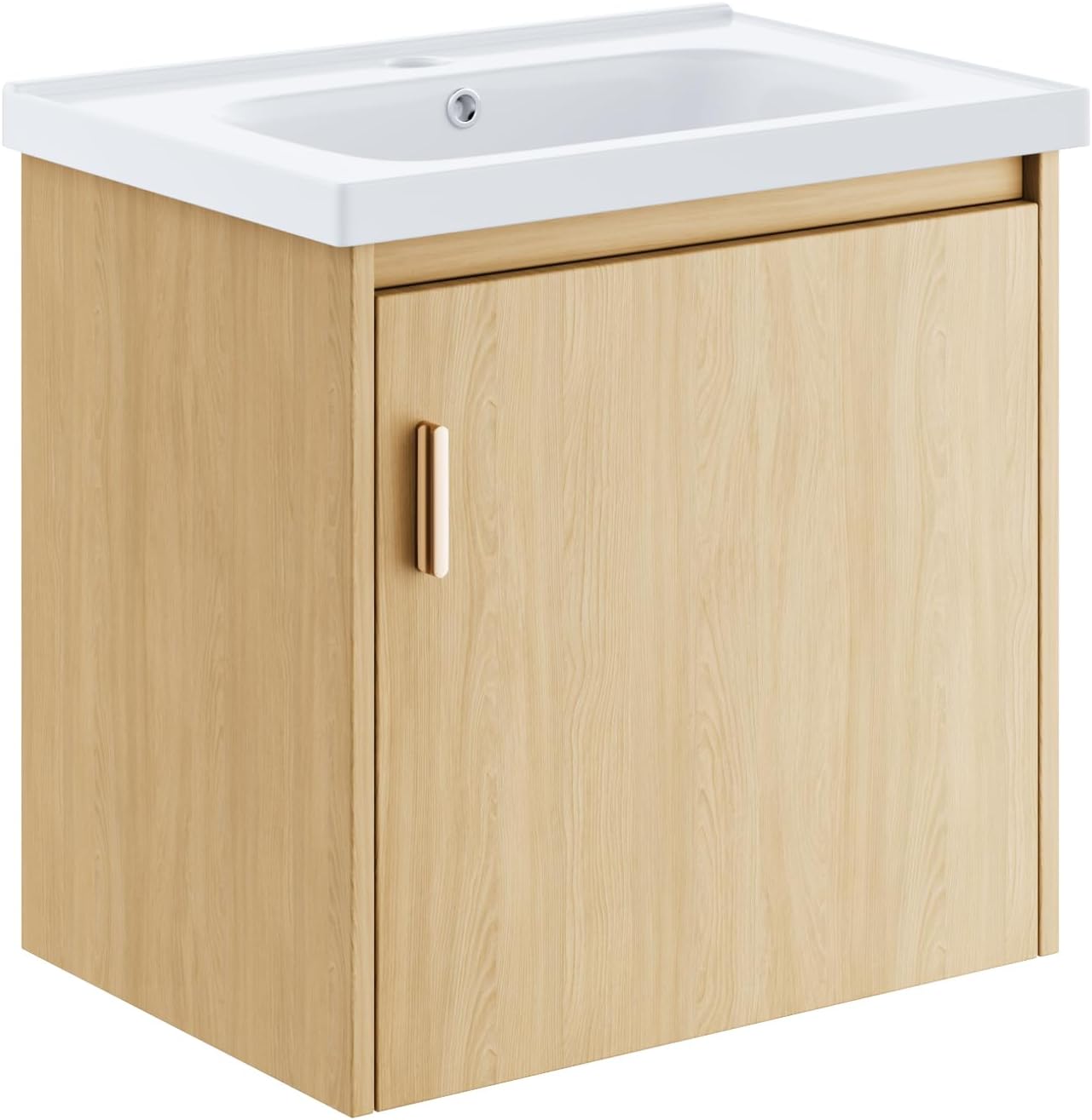 phiestina 20 Inch Pre-Assembled Oak Floating Bathroom Vanity, Wall-Mounted Cabinet with Soft-Close Door & Single Hole Ceramic Sink, Modern Space-Saving Design, No Faucet,BV04-20-oak