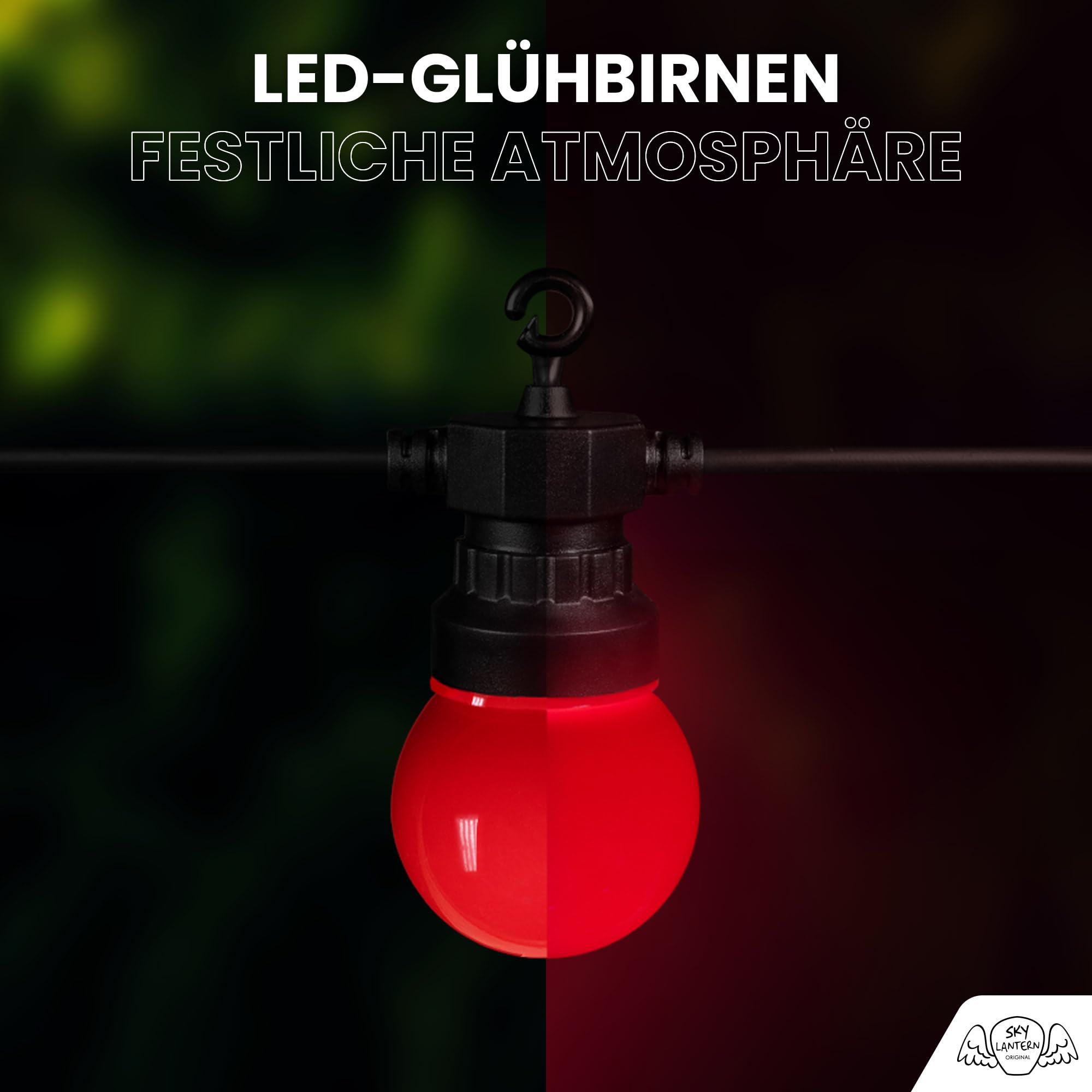 SKYLANTERN® Partylichterkette 50m Außen bunt – 50 E27 Glühbirnen (blau, rot, gelb, grün) – IP44 wetterfest – Romantische LED Lichterkette für Garten & Terrasse