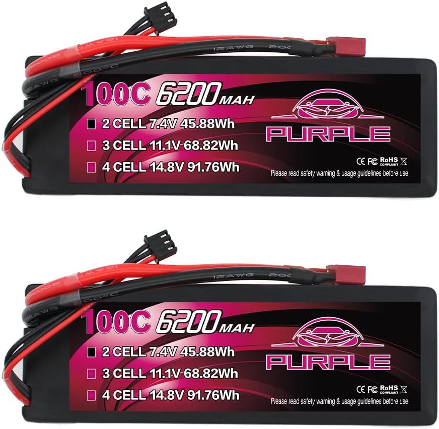 CNHL Purple Series 6200mAh 2S Lipo Battery 100C 7.4V Hard Case with T Plug for RC Car Truck Boat Truggy (2 Packs)