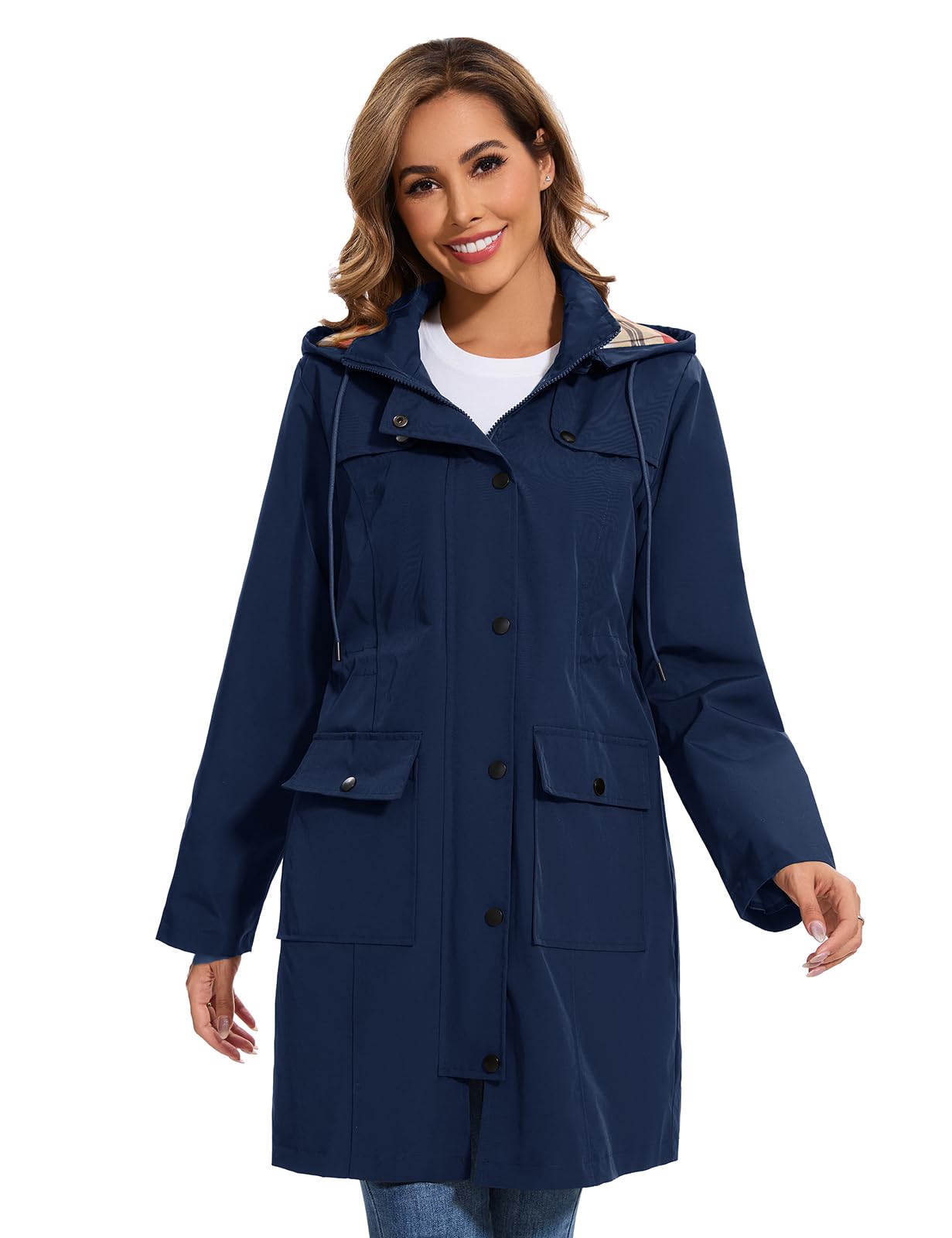 Tuopuda Regenjacke Damen Wasserdichte Übergangsjacke Lange Regenmante Windbreaker Jacke Leicht mit Abnehmbare Kapuze Regenparka Atmungsaktiv für Frühling Sommer Herbst