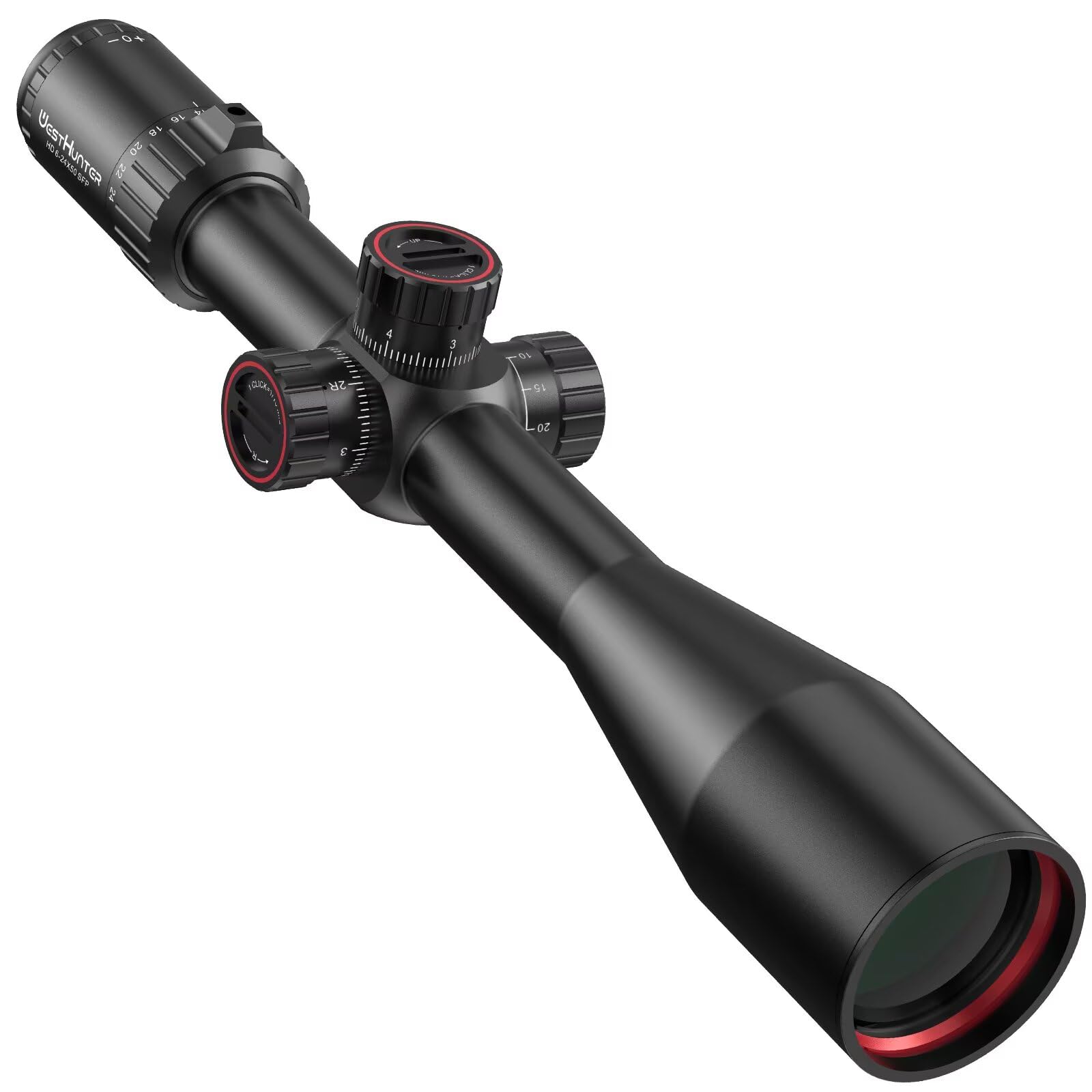 WestHunter Optics HD 6-24 x 50 SFP Vises télescopiques de précision, tube de 30 mm, deuxième plan focal 1/10 mile, exclusif pour compétitions sportives de longue distance