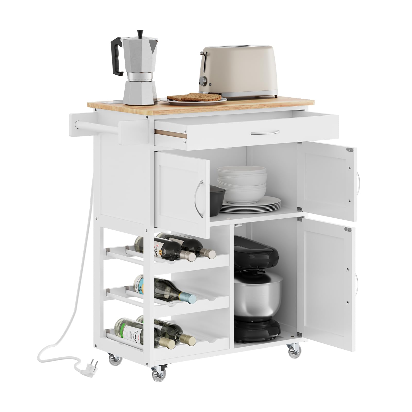 SoBuy Wózek kuchenny z gniazdkiem, 75x37,6x86,5 cm, do kuchni | Wyspa kuchenna z półką na wino i wymiennymi nogami, wózek serwisowy z kółkami i blatem roboczym, MDF/PB FKW45-E-WN