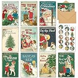 AnyDesign 40 Pack Vintage Christmas Cards Santa Christmas Tree Snowman Greeting Cards with Stickers Envelopes Retro Xmas Blank Note Cards for Christmas Winter Holiday Party Supplies, 4 x 6 Inch